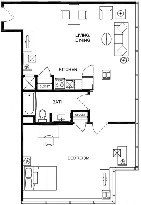Floor plan for 1 bed, 1 bath, 1005 sqft